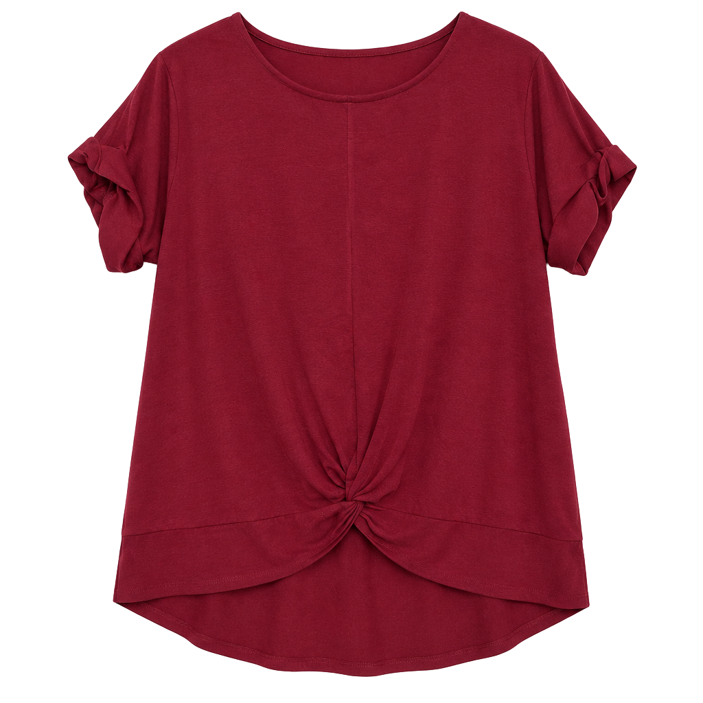 Zenana Top Size L Burgundy Knot Front Short Sleeve Shirt 1
