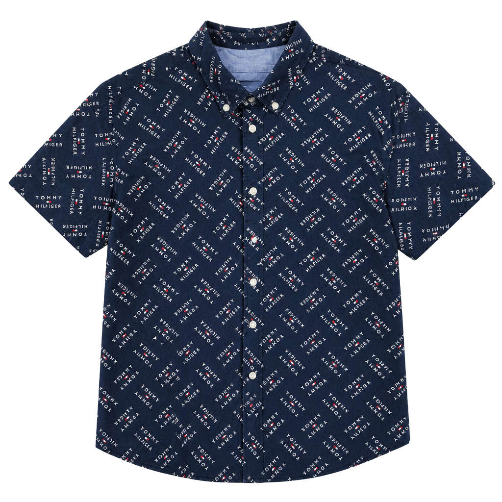 Tommy Hilfiger Men's Navy Blue All-Over Logo Print Short Sleeve Button-Down Shirt 1