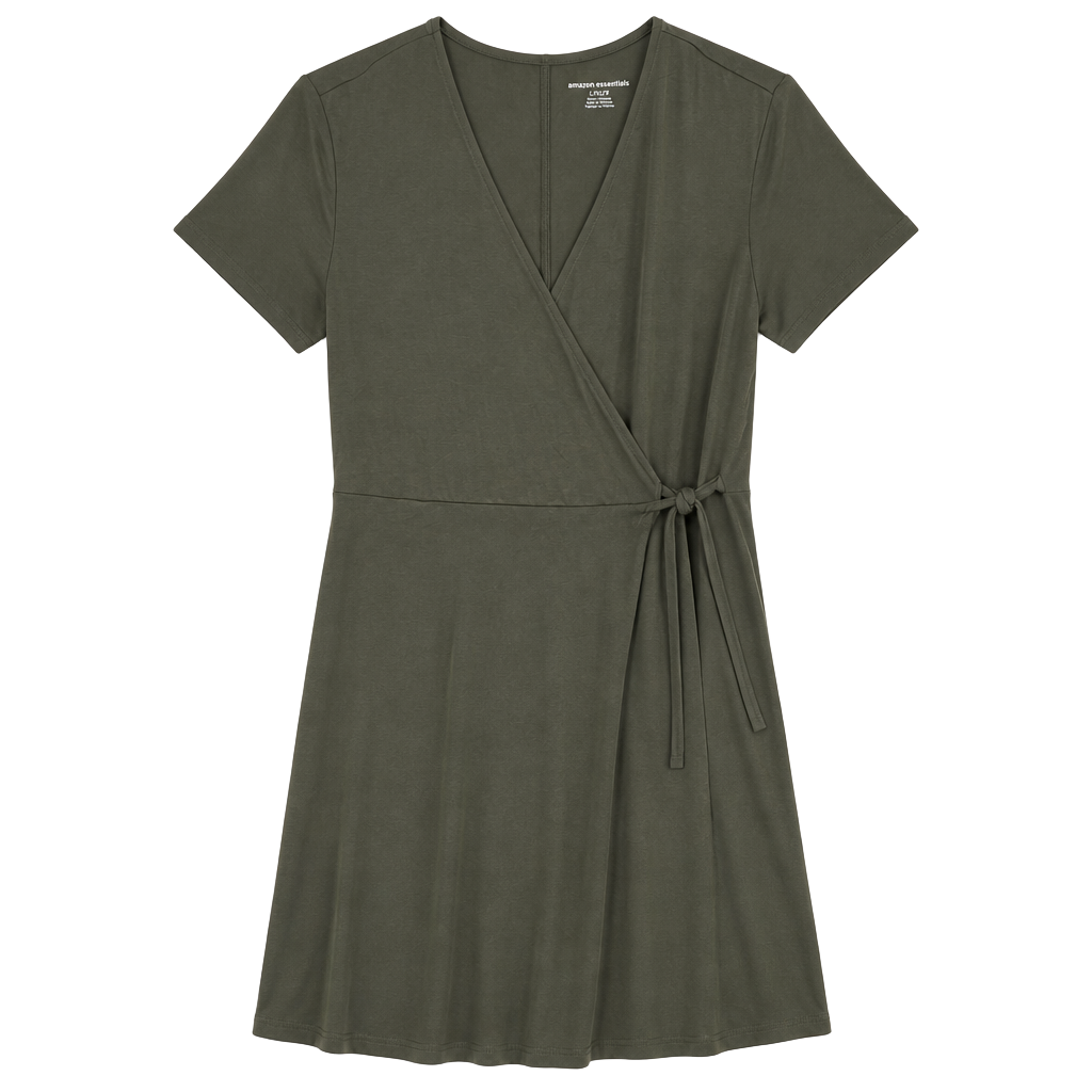Amazon Essentials Wrap Dress Size S Olive Green Short Sleeve 1