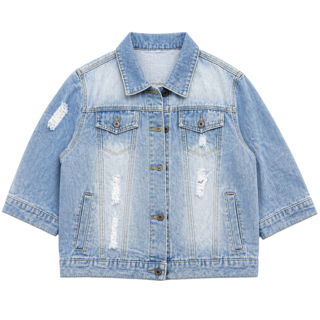 New Trend Denim Jacket Size M Light Wash Distressed Floral Lining 1
