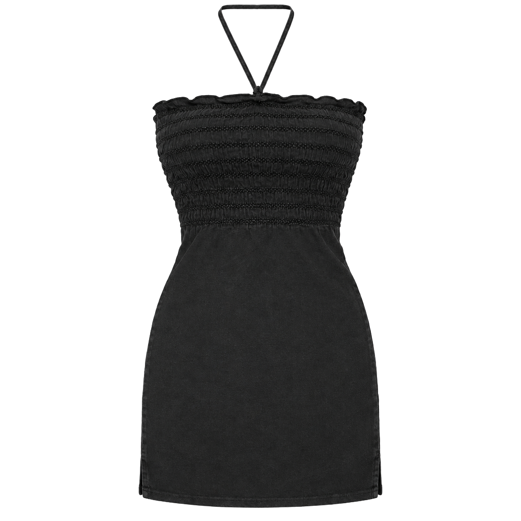 Unbranded Black Strapless Ruffled Mini Dress with Smocked Bodice and Tie
1