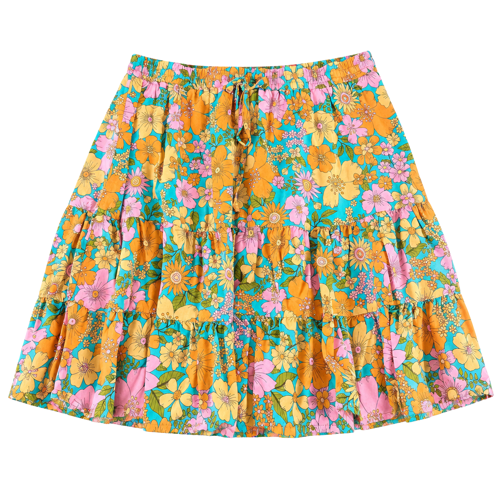 Paper Heart Floral Tiered Skirt Size L Orange Pink Turquoise Rayon 1