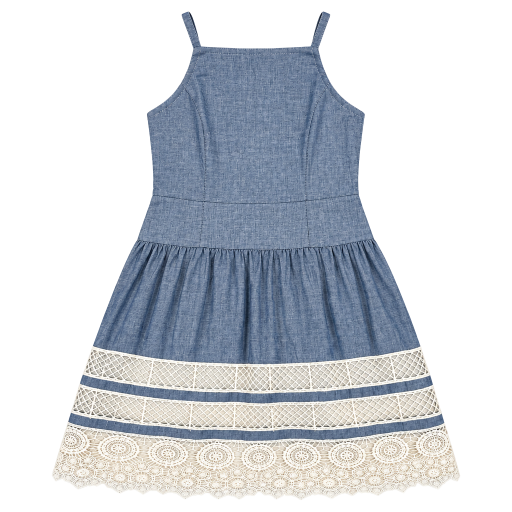 Ann Taylor Tiered Lace Chambray Dress Size 4 Blue Cotton 1