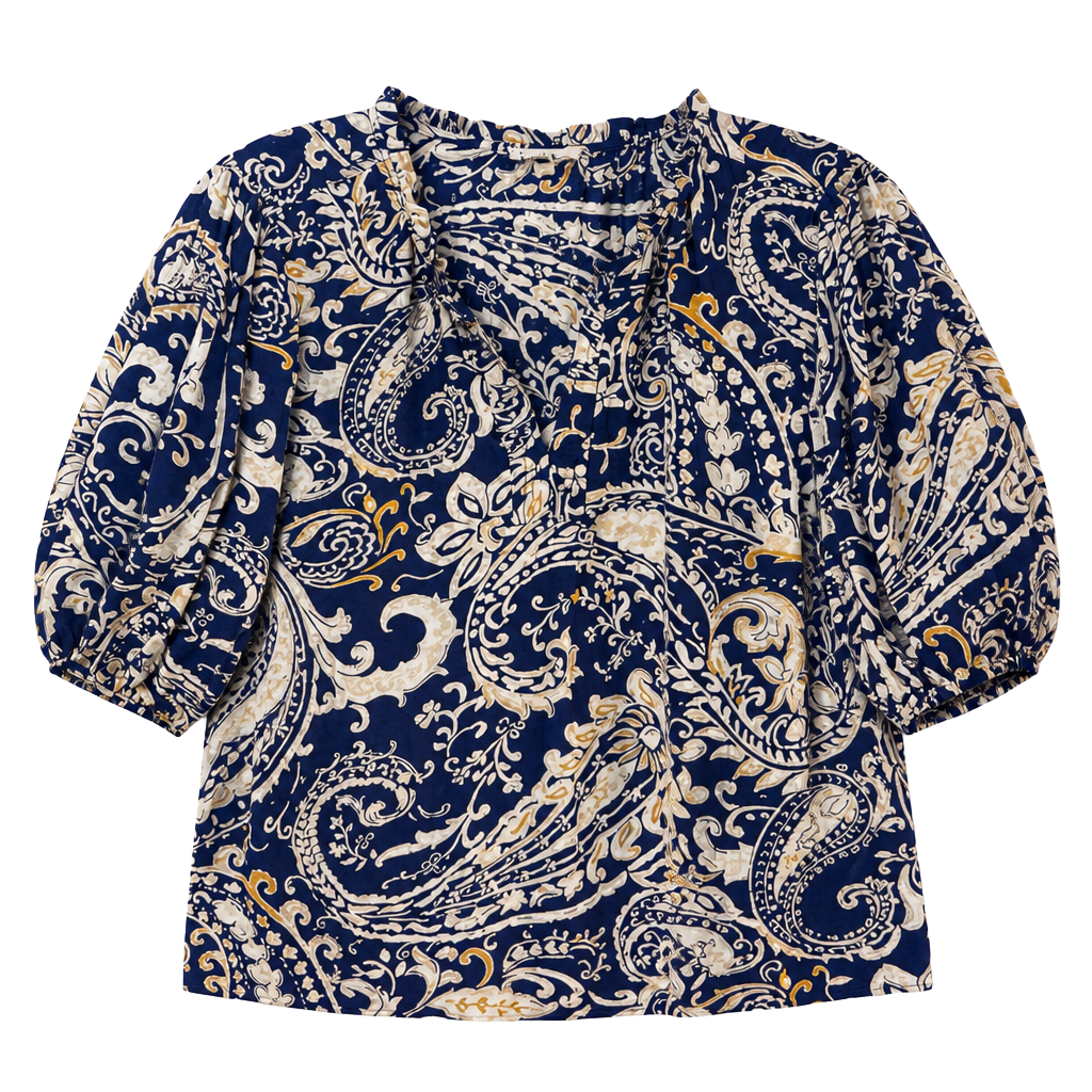 Nicole Miller New York Paisley Print Ruffle Neck Blouse Size L 1