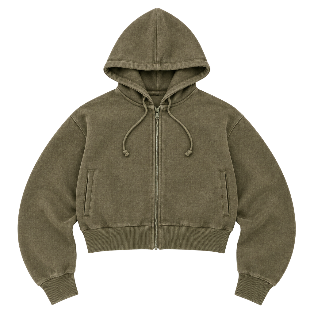 Pink Label Social Club Zip Up Hoodie Size S Olive Green Cropped 1