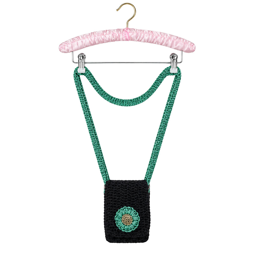 Joyful Rags Black Crochet Phone Pouch with Teal Strap and Gold Accents 1