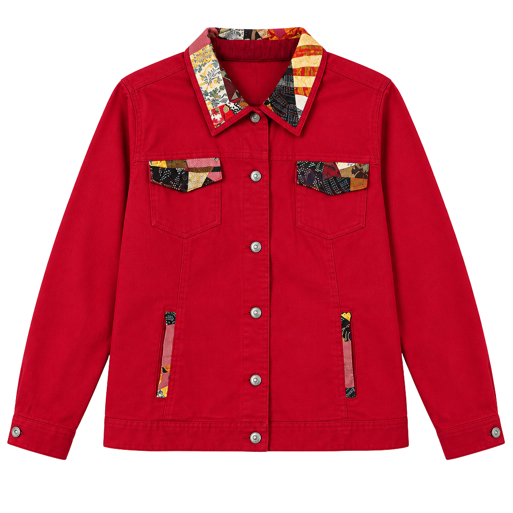 Joyful Rags upcycled Patchwork Women's Red Denim Jacket with Bejeweled Buttons 1