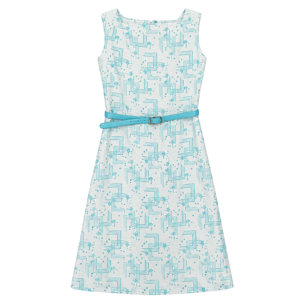 Vintage Sleeveless Light Blue Patterned A-Line Dress with Belt Sz S 1
