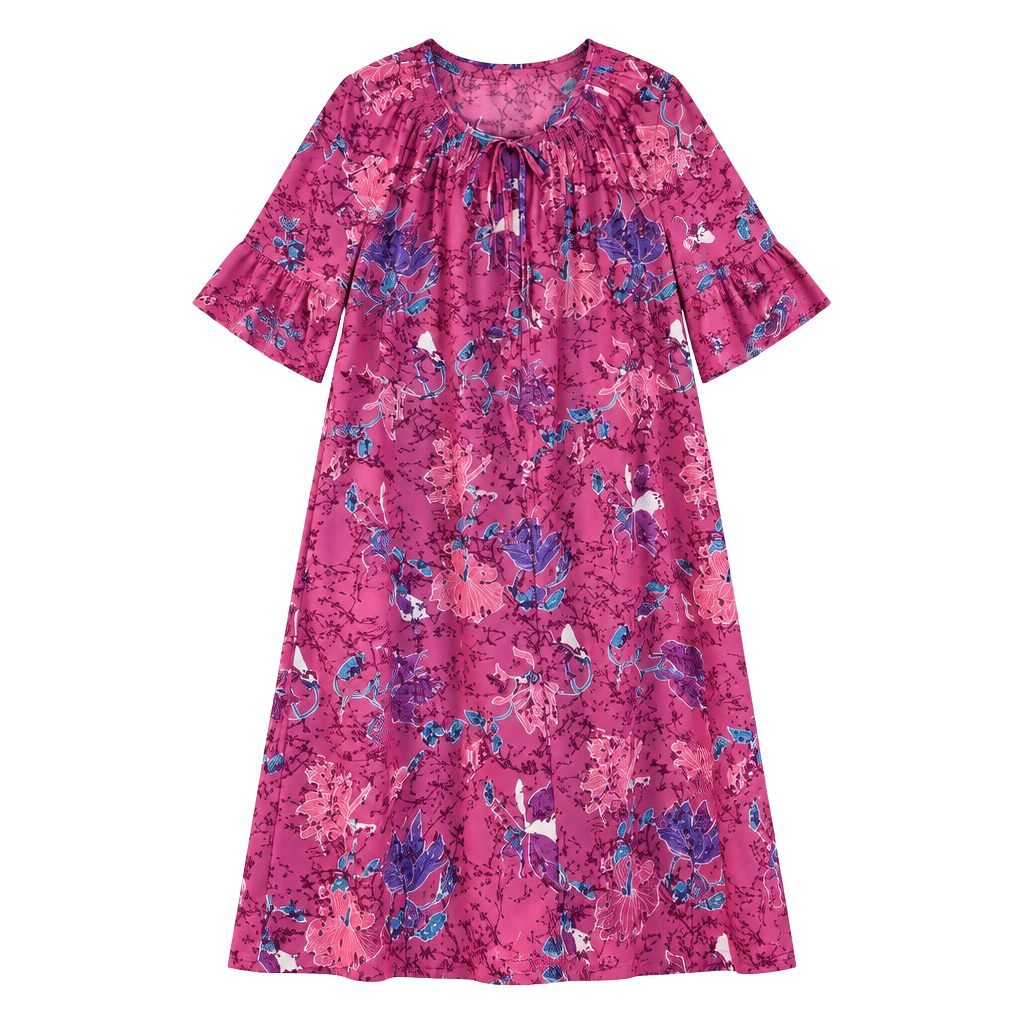 Vintage Sears zip-up housecoat in dark pink with all-over florals 1