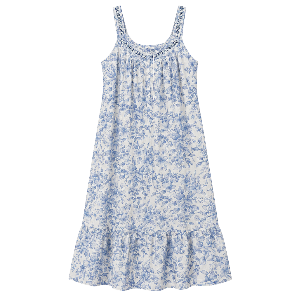 Roaman's Vintage Light Blue Floral Cotton Nightgown with Lacy Straps 1