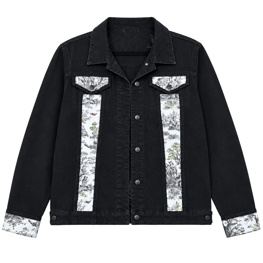 Joyful Rags Upcycled Women's Black Denim Jacket with Toile Trim Sz XXL 1