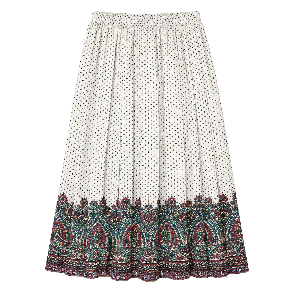 Vintage Lightweight Pleated Polka Dot Midi Skirt w/ Intricate Wide Paisley Hem 1