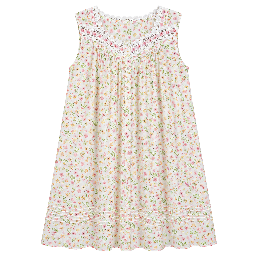 Vintage Eileen West Pink Floral Cotton Nightgown Dress with Lace and Ribbon 1