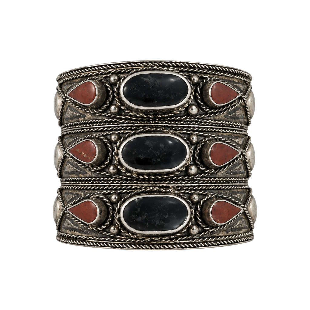 Vintage Tribal Silver Tone Multi-Stone Cuff Bracelet 1