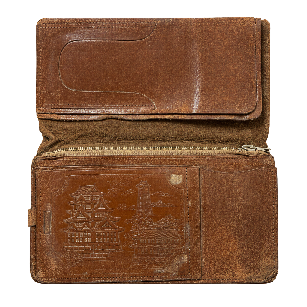 Vintage Tooled Leather Biker Wallet Japanese Castle Scene Brown 1