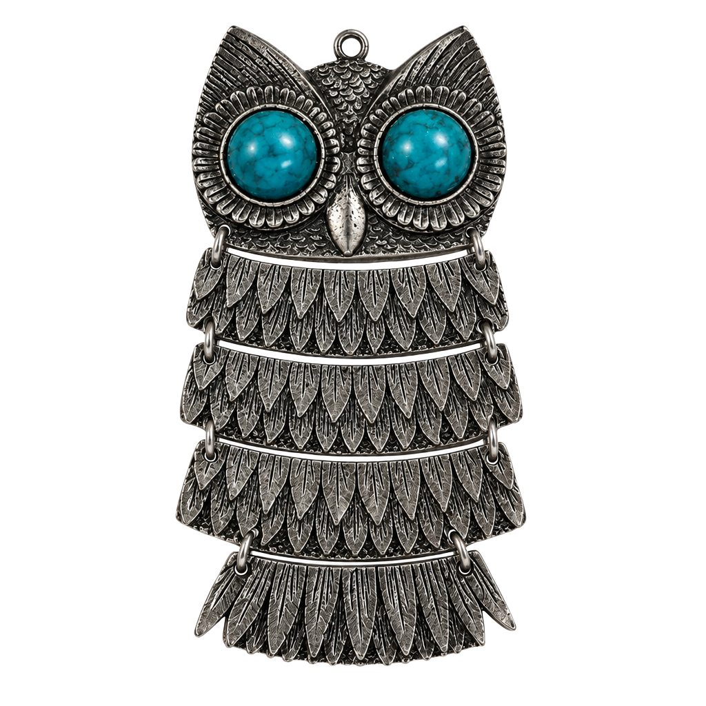 Vintage Large Articulated Owl Pendant Necklace Silver Tone Blue Eyes 1