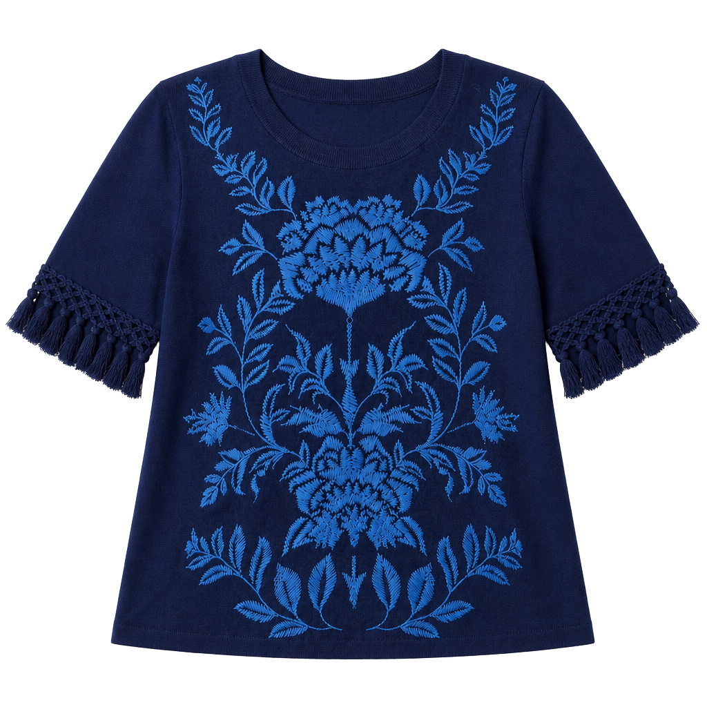 JM Collection Luxe Blooms Women's Embroidered Top Navy Blue Size M NWT 1