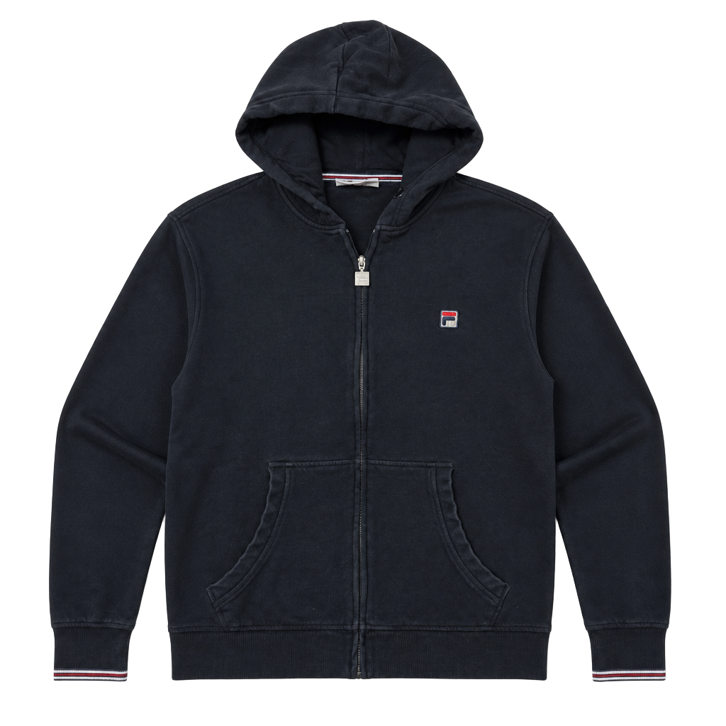 FILA Men's Black Vintage Full Zip Hoodie with Striped Cuffs Size Large 1
