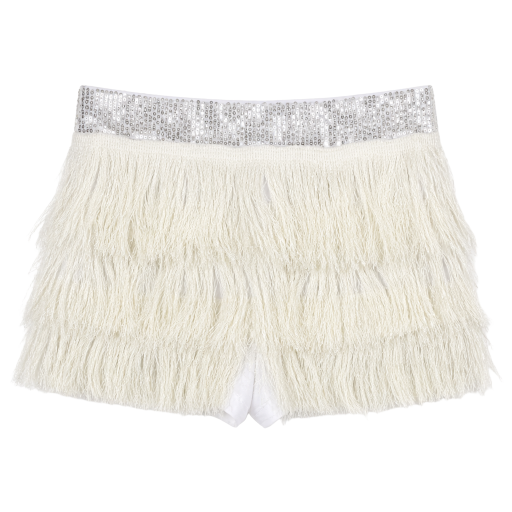 SHEIN White Tiered Fringe Mini Skirt with Sequin Waistband 1