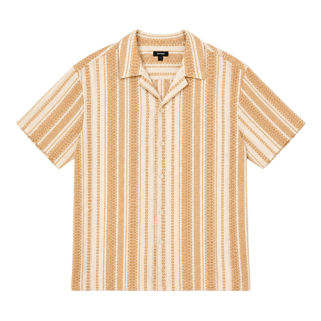 Express Textured Embroidered Striped Short Sleeve Camp Collar Shirt 1