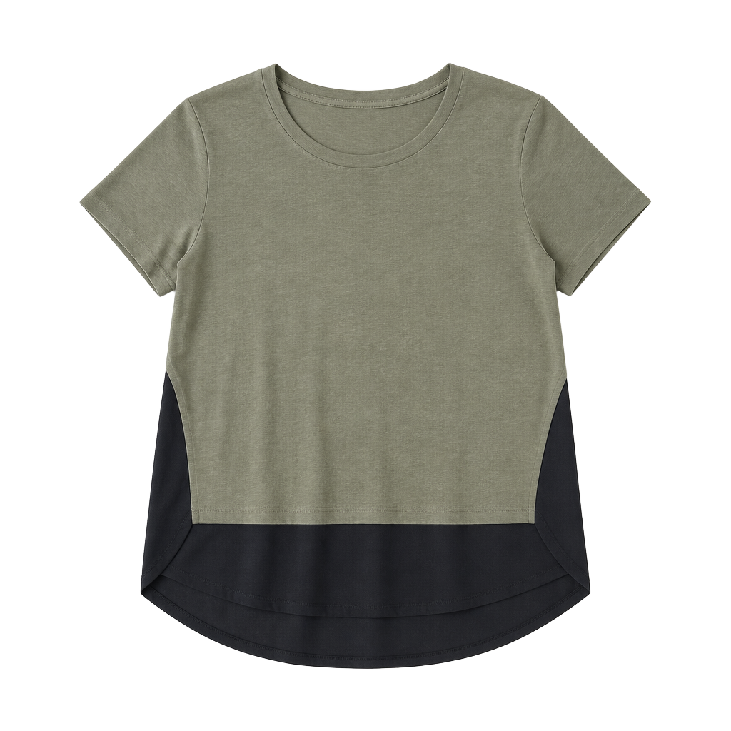 Express Colorblock Mixed Media Tee with Chiffon Hem in Olive and Black 1