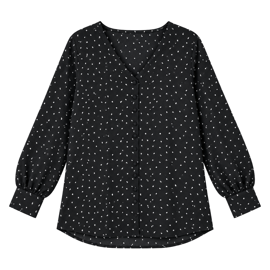 Express Black and White Dotted V-Neck 3/4 Roll-Tab Sleeve Blouse 1