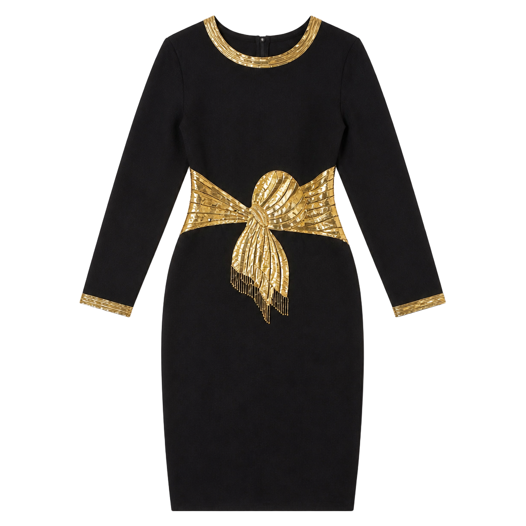 Vintage Don Sayres for Wellmore Black Wool Blend Cocktail Dress | Gold Beaded & Sequin Bow | Made in USA | Size 4 1