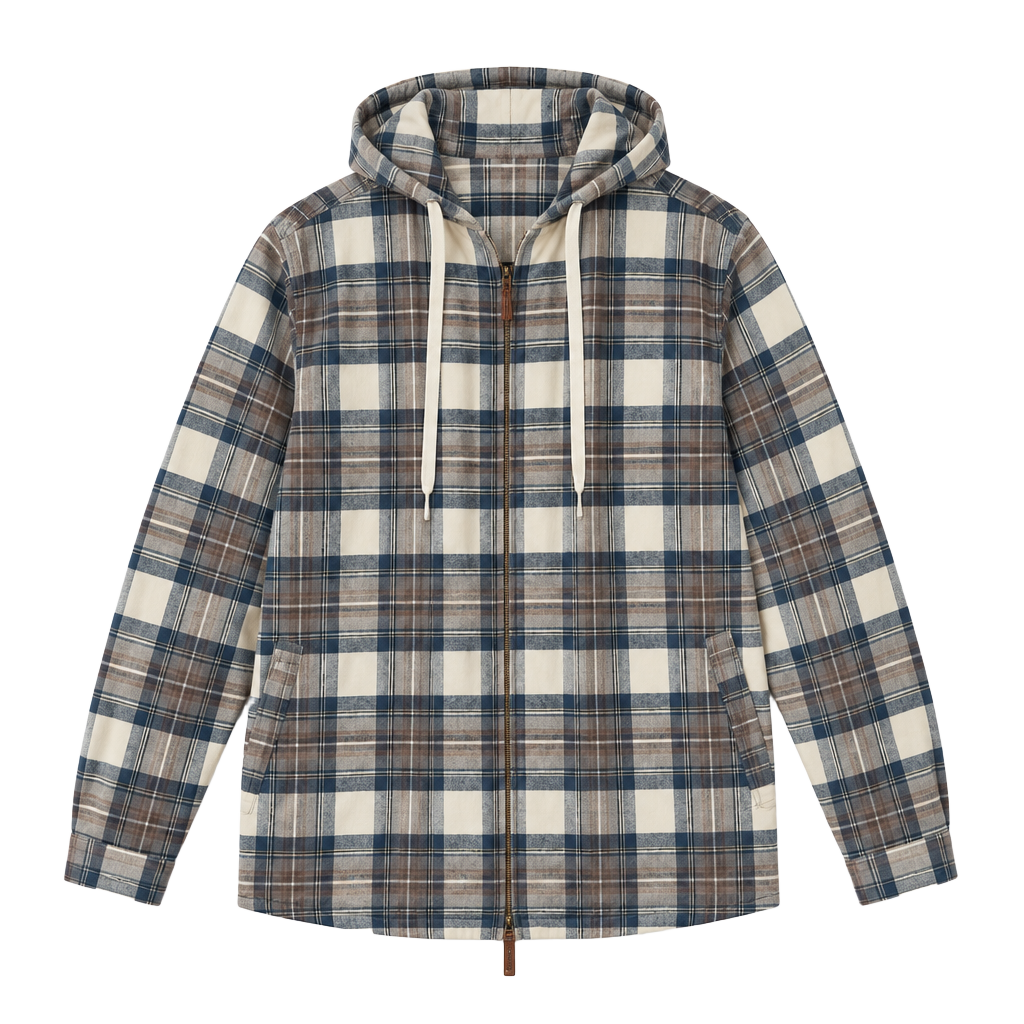 L.L. Bean Flannel Hooded Zip Shirt Size L Blue Plaid Relaxed Fit Cotton 1