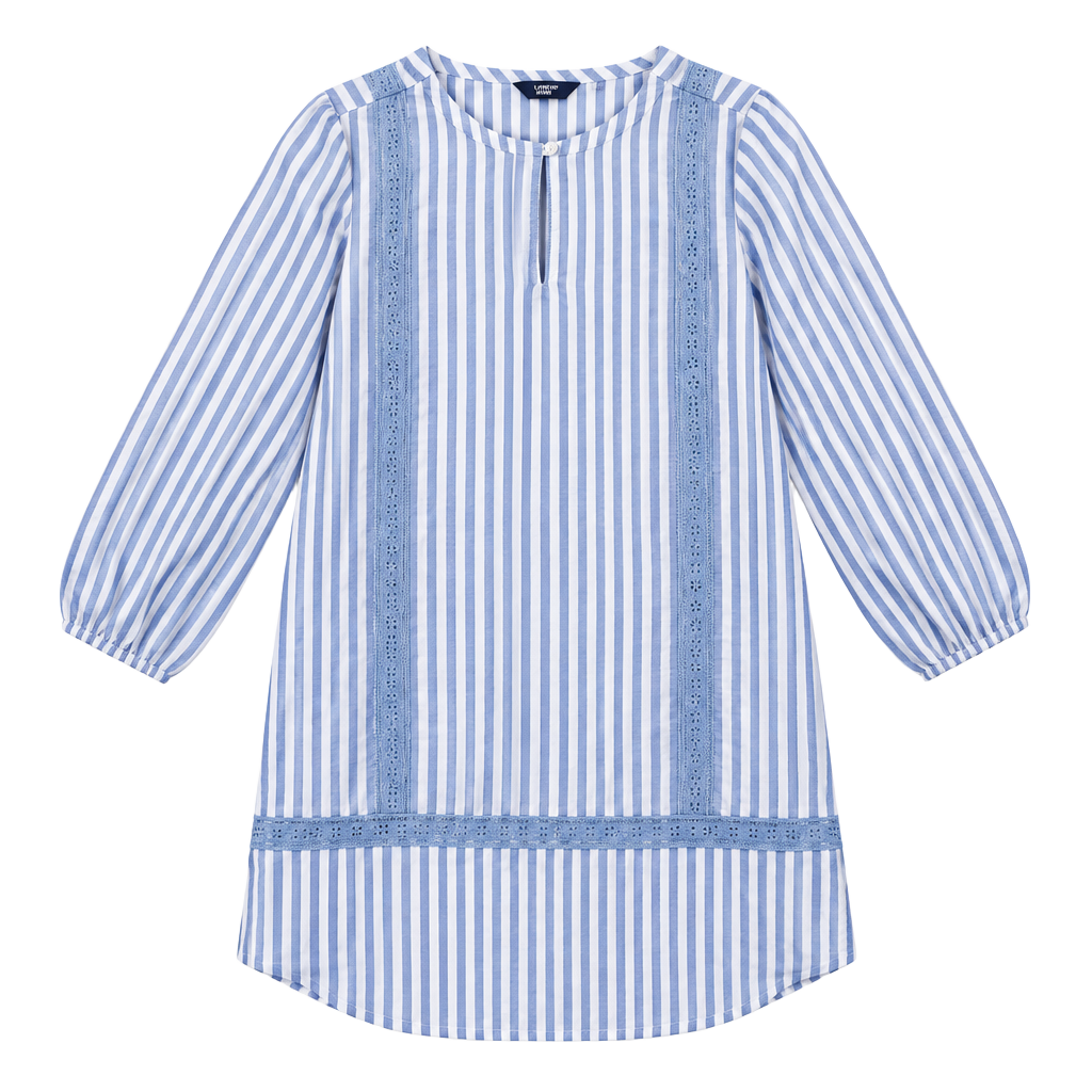 Lands' End Cotton Poplin Split Neck Dress Size M 10-12 Blue White Striped 1