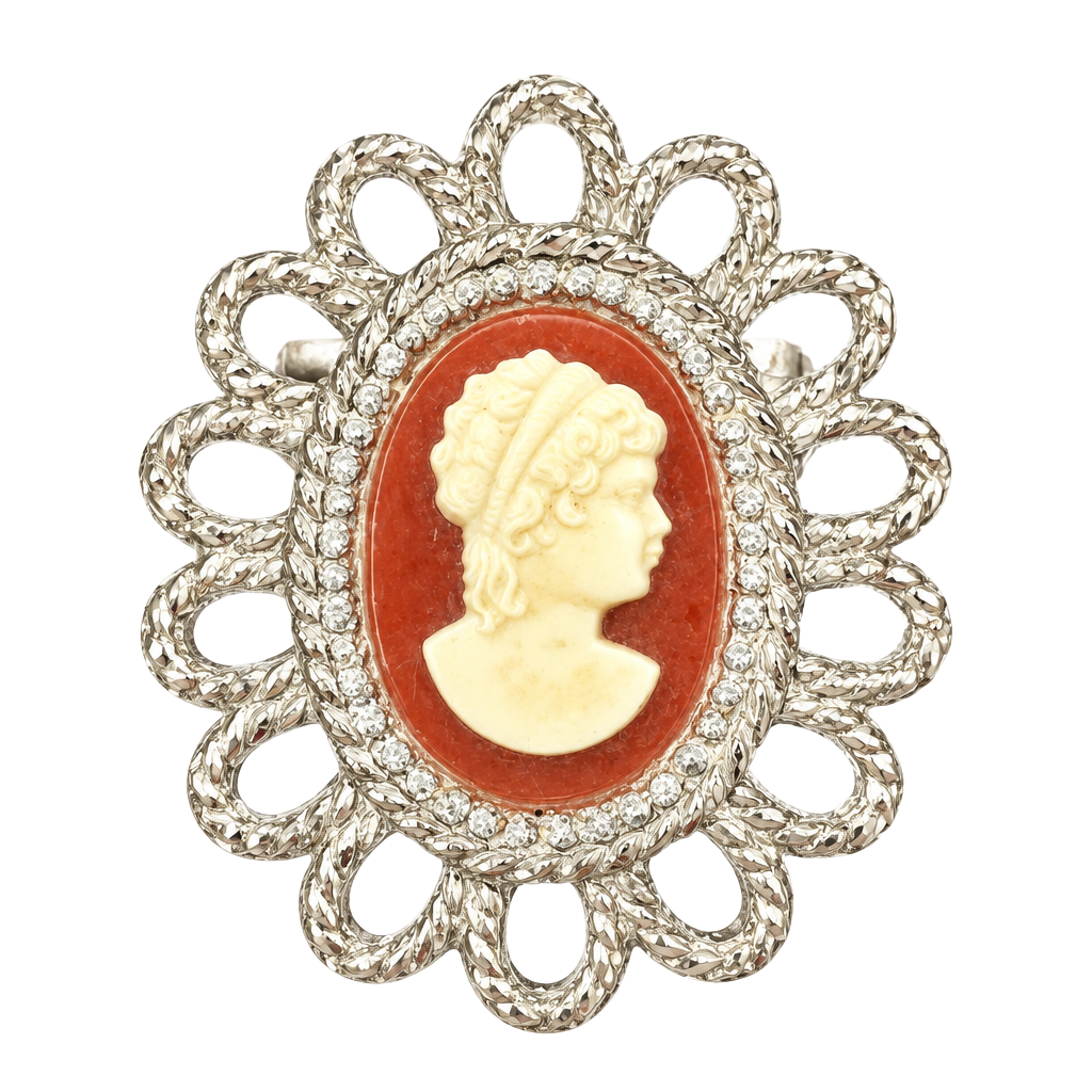 Vintage Cameo Brooch Lady Portrait Pin Silver Tone Oval 1