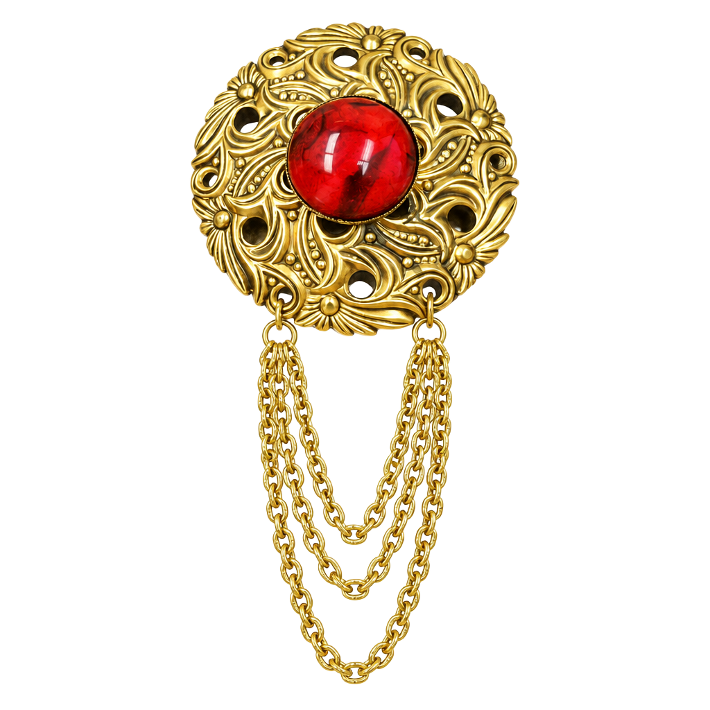 Vintage Brass Filigree Brooch with Red Cabochon and Chain Drape 1