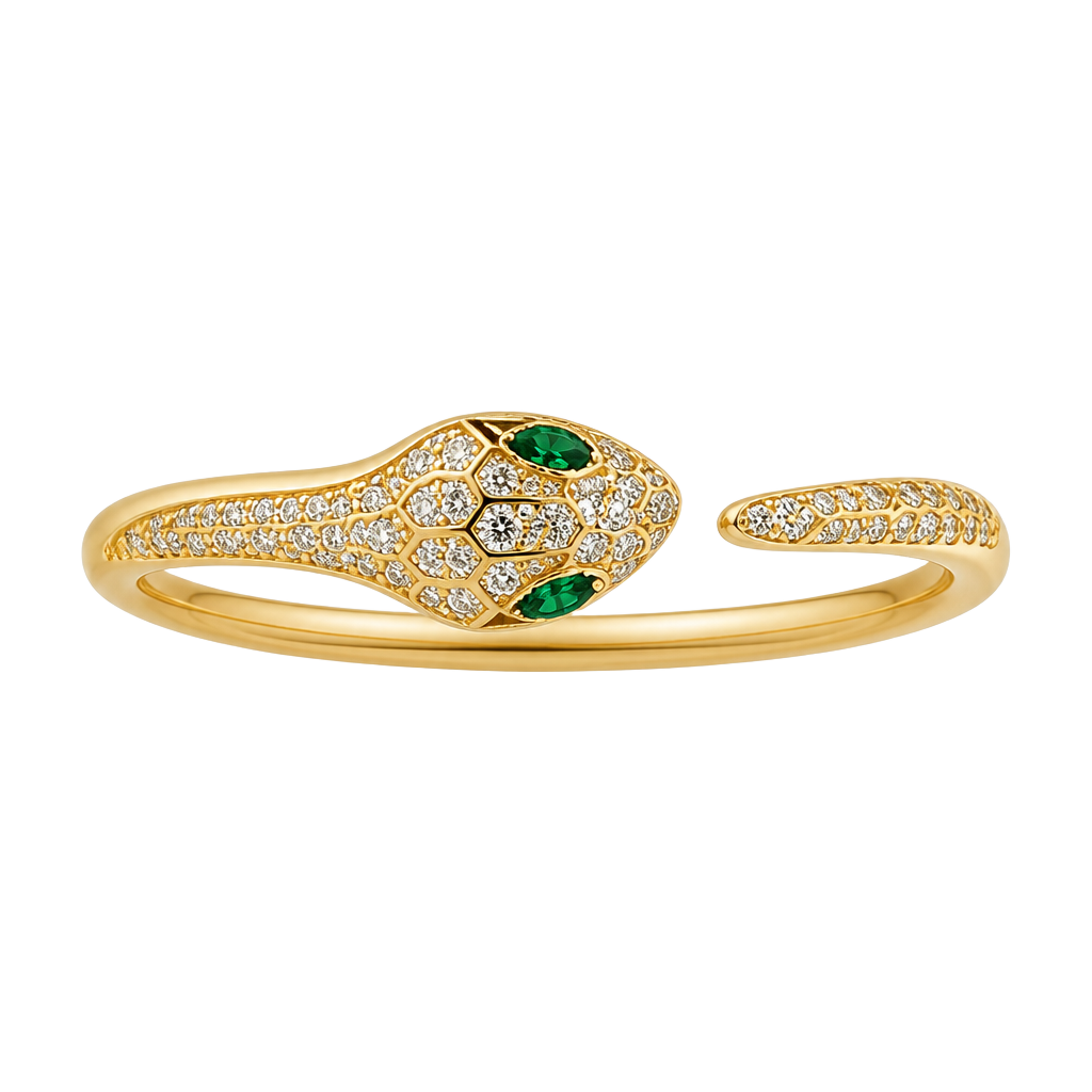Gold-plated Snake Bangle: Green Zircon Eyes 1