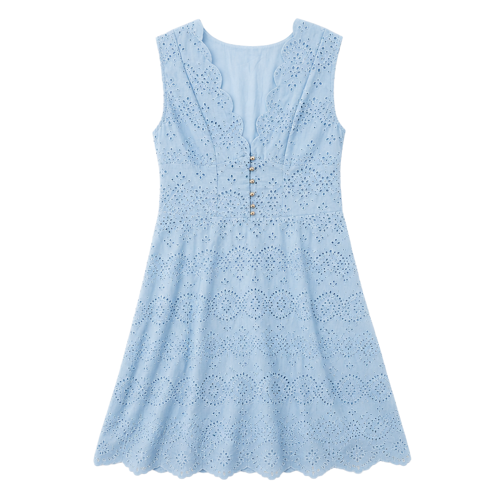 Cotton Sleeveless Embroidered Eyelet Dress with Deep V Neck 1