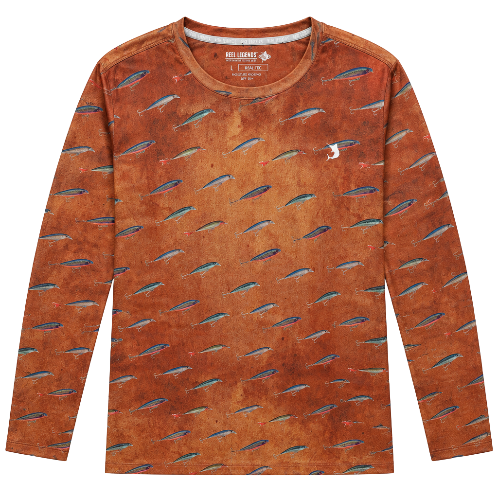 Reel Legends Reel-Tec Lure Print Long Sleeve Shirt Size L Orange Fishing 1