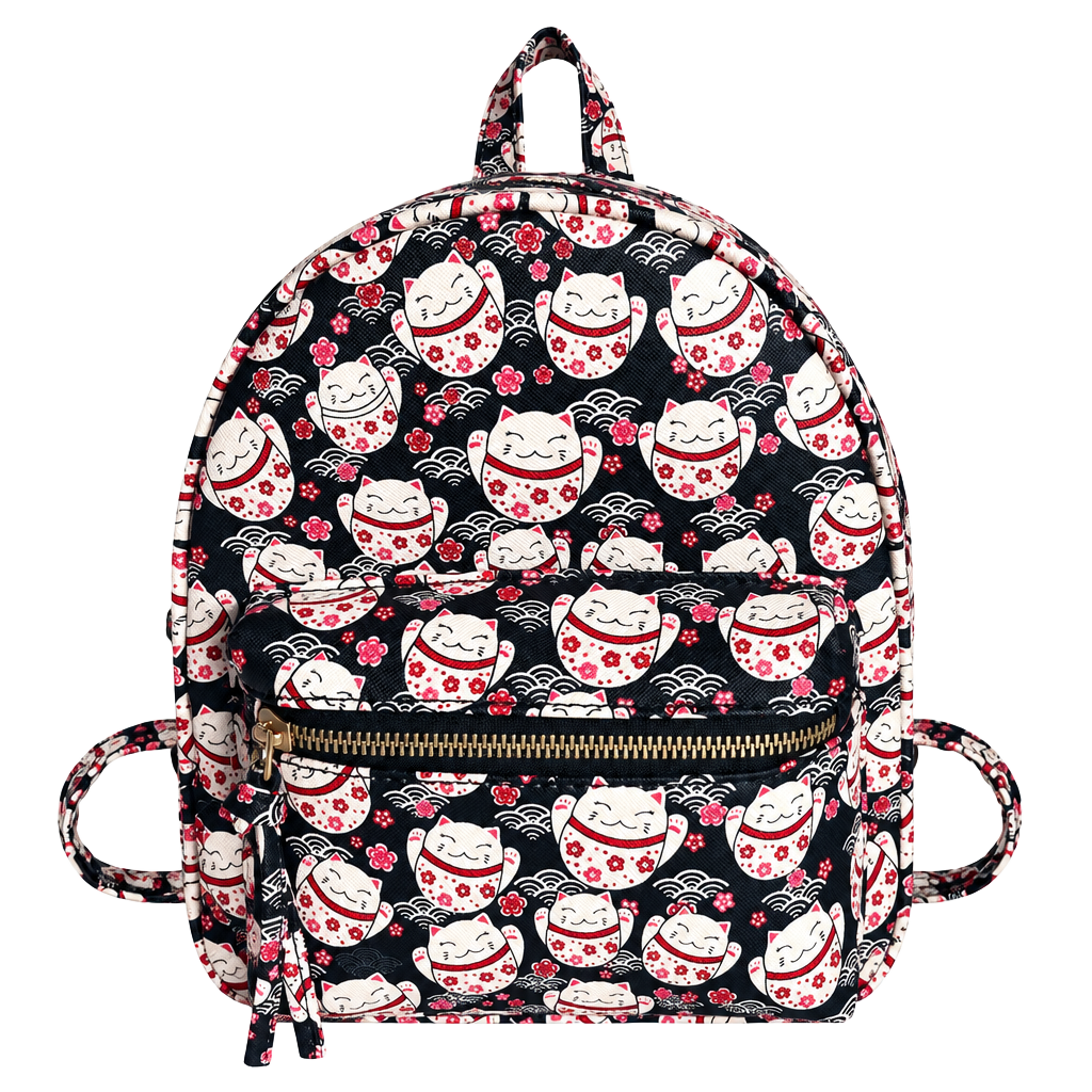 Under One Sky Maneki Neko Lucky Cat Print Mini Backpack Black 1