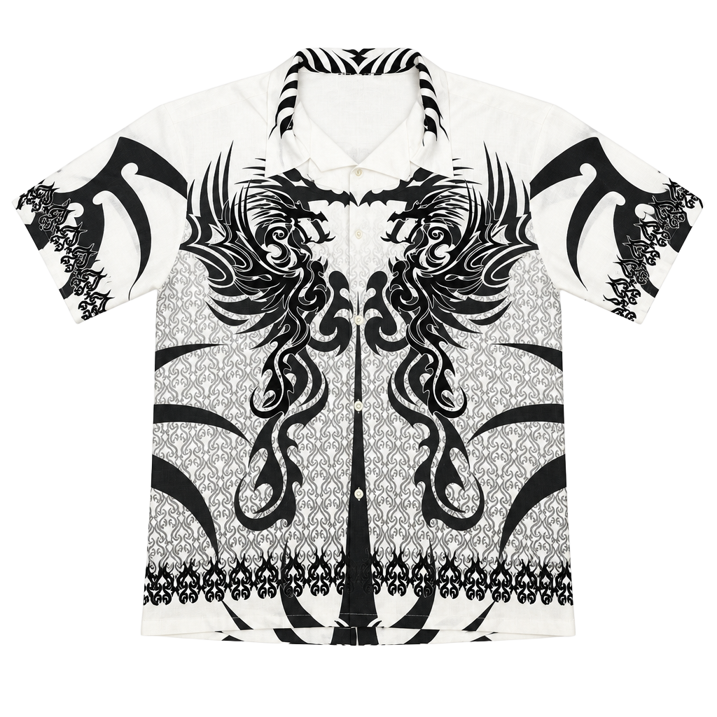 Vintage Y2K Tribal Dragon Button Up Shirt Black White 1