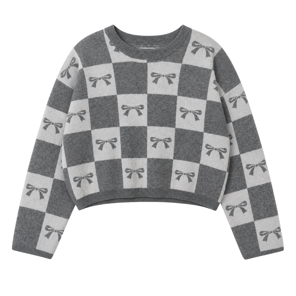 Sincerely Jules Grey and White Checkered Bow Pattern Cropped Crewneck Sweater 1