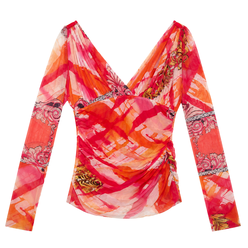 Versace Collection Long Sleeve Ruched Mesh Top Coral Stampa 1