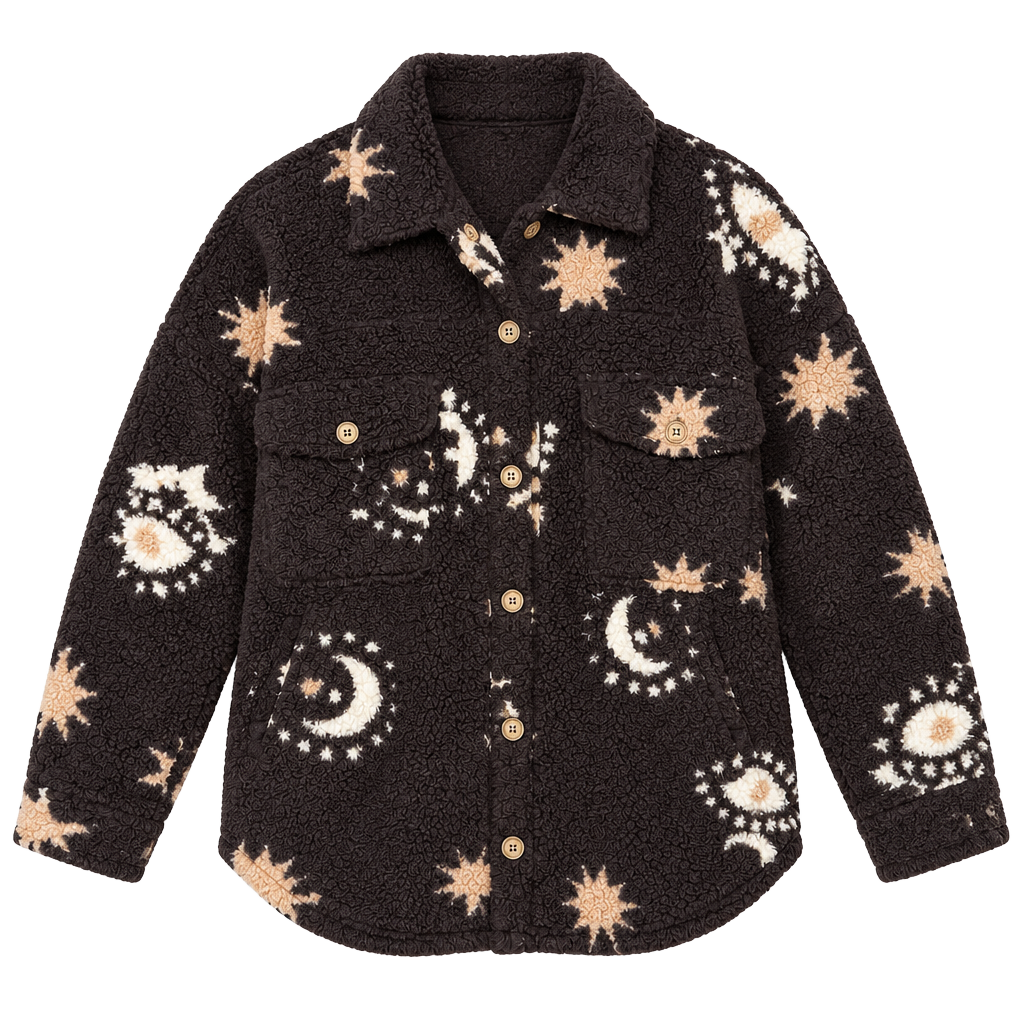 Celestial Borg Fleece Soft Shacket Brown Witchy Moon and Stars Sz XL 1