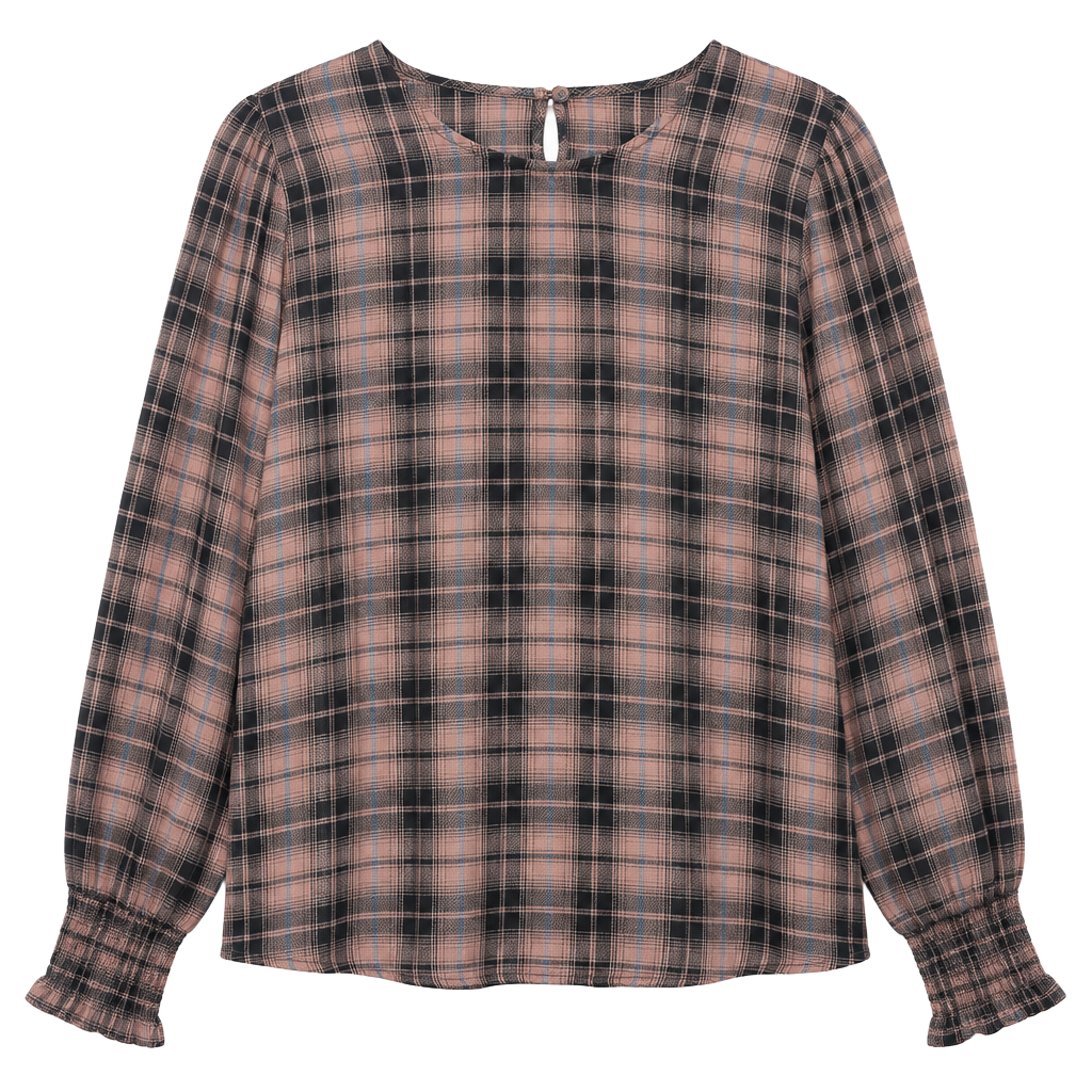 Andrée By Unit Plaid brown blue Blouse Size L Long Sleeve Top 1