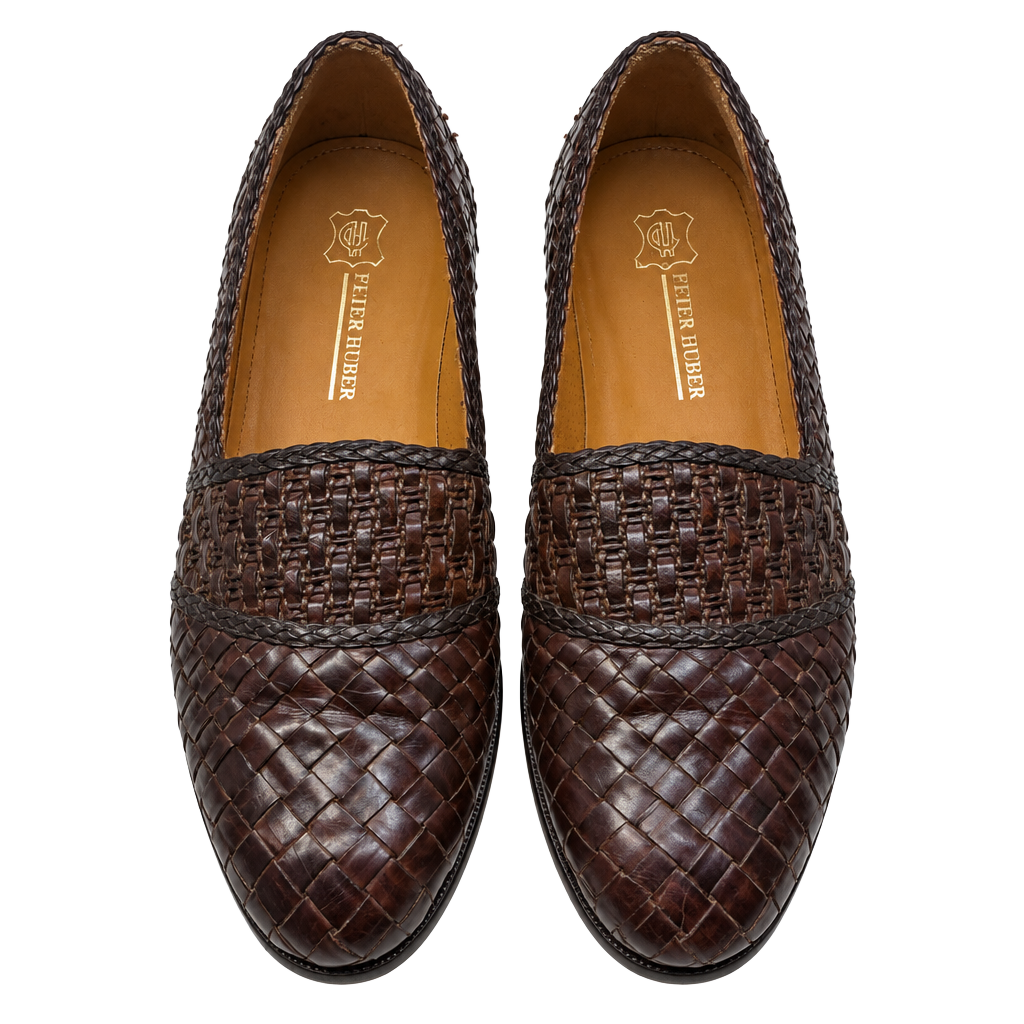Peter Huber Woven Leather Loafers Brown Slip On Dress Shoes 1