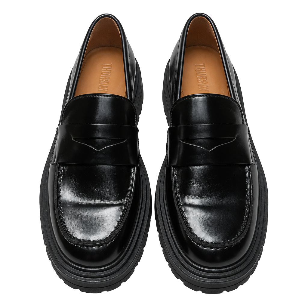 Thursday Boot Co Black Leather Lug Sole Penny Loafers 1