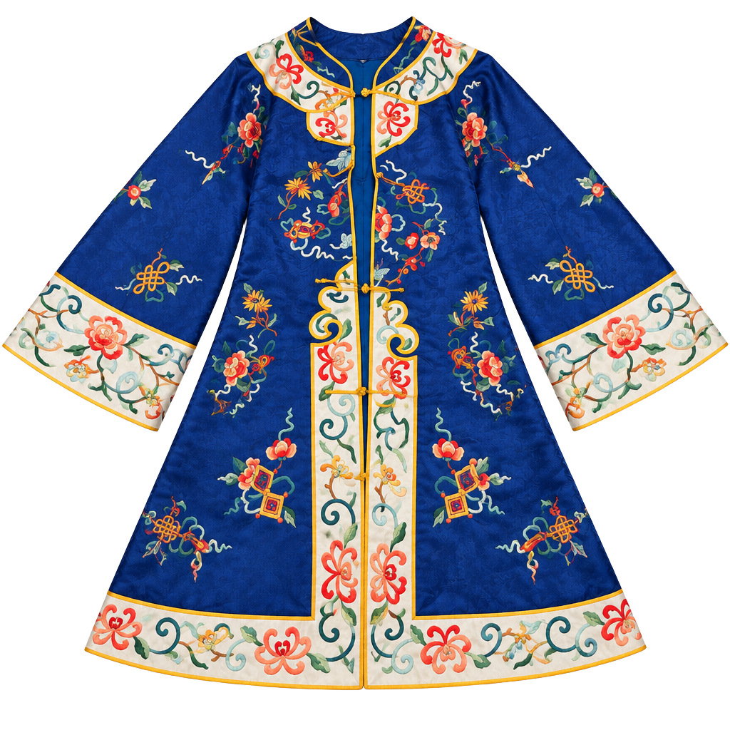 Vintage Royal Blue Silk Embroidered Chinese Robe Small Floral 1