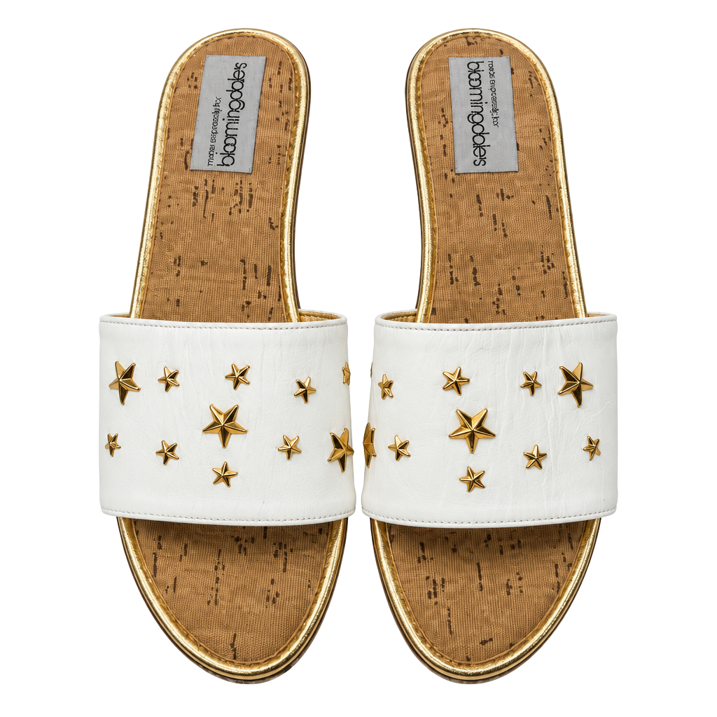 Bloomingdale's White Gold Star Studded Cork Wedge Slide Sandals 1