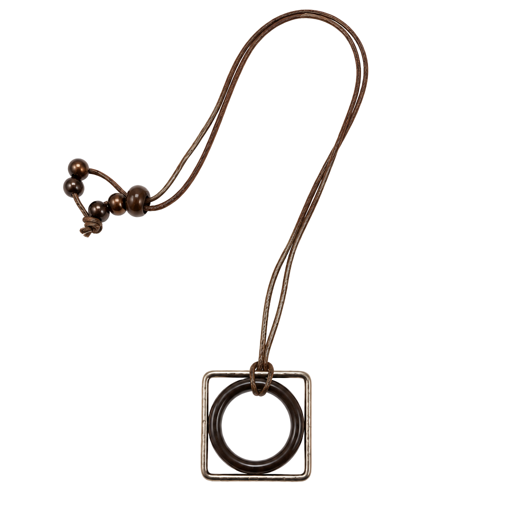 Unbranded Geometric Square And Circle Pendant Necklace Brown Cord Boho 1