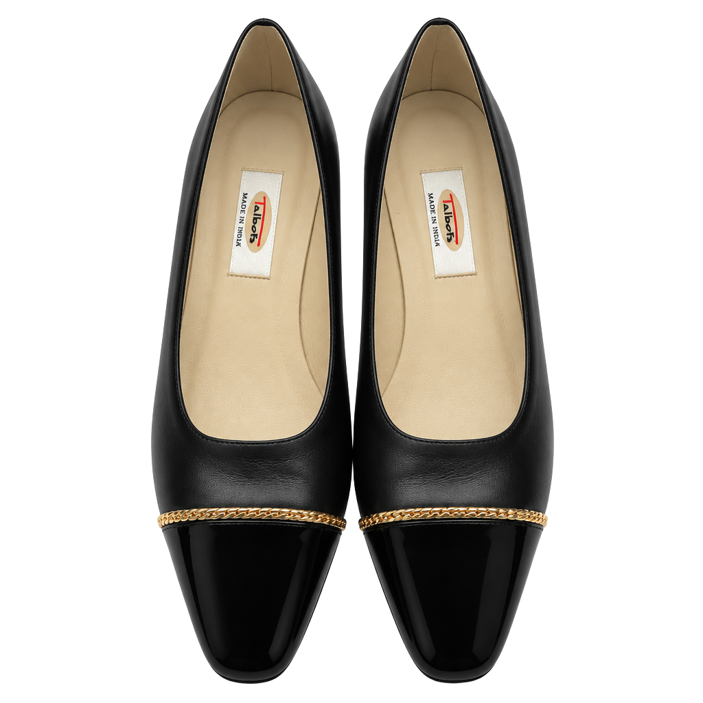 Talbots Pumps Shoes Size 7 1/2 N Black Leather Gold Chain Toe Cap 1