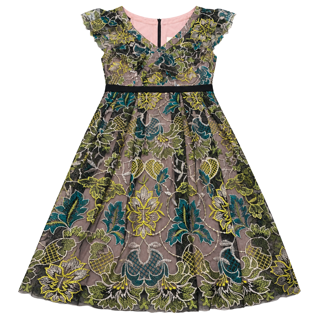 Donna Morgan Embroidered Mesh Midi Dress Size 4 Floral Cap Sleeve 1