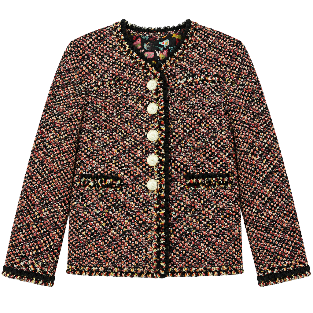 Rena Lange Tweed Blazer Multi Color Sequins Ruffle Trim Jacket 1