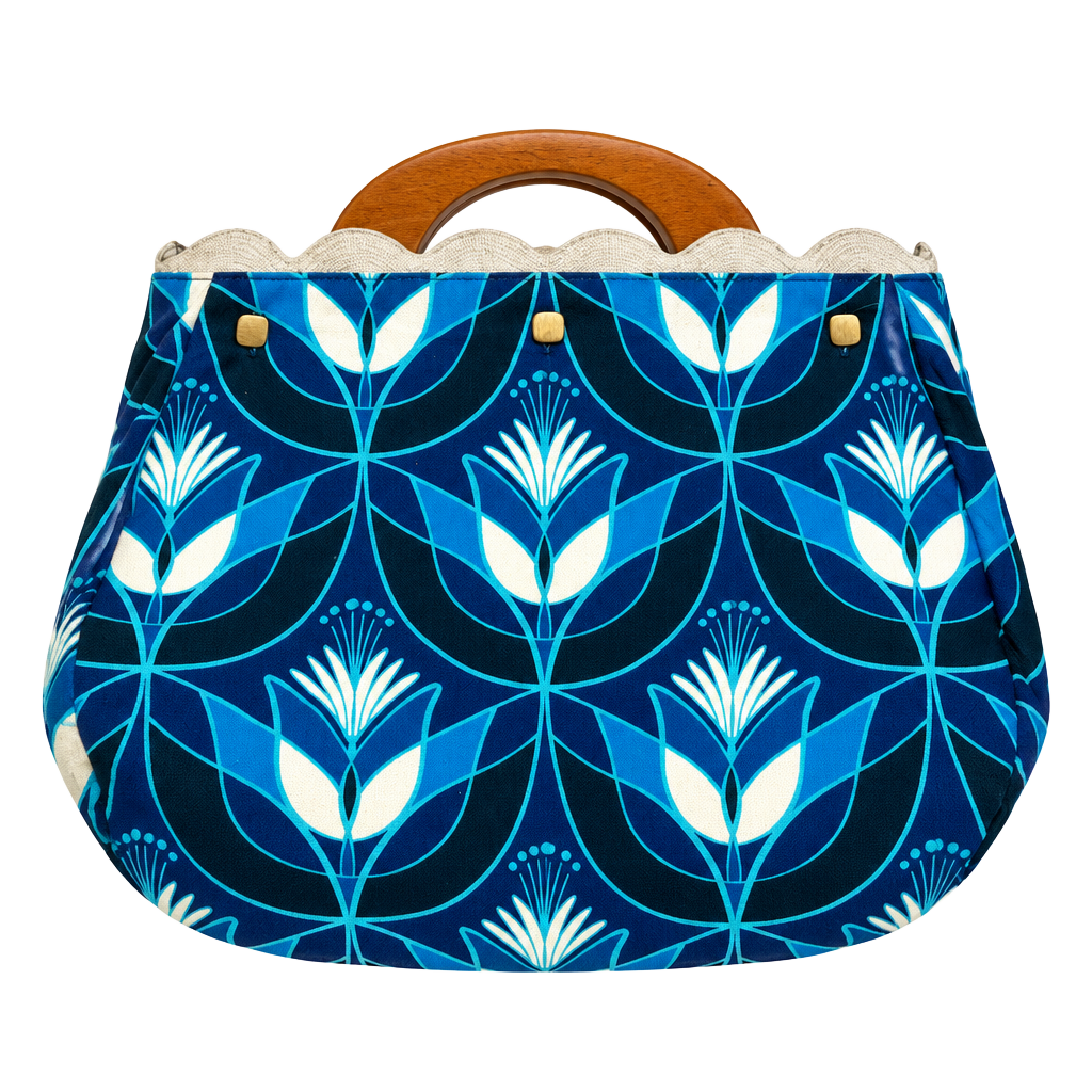 Lesley Evers Bonnie Bermuda Bag Geo Tulip Blue Wood Handle Purse 1