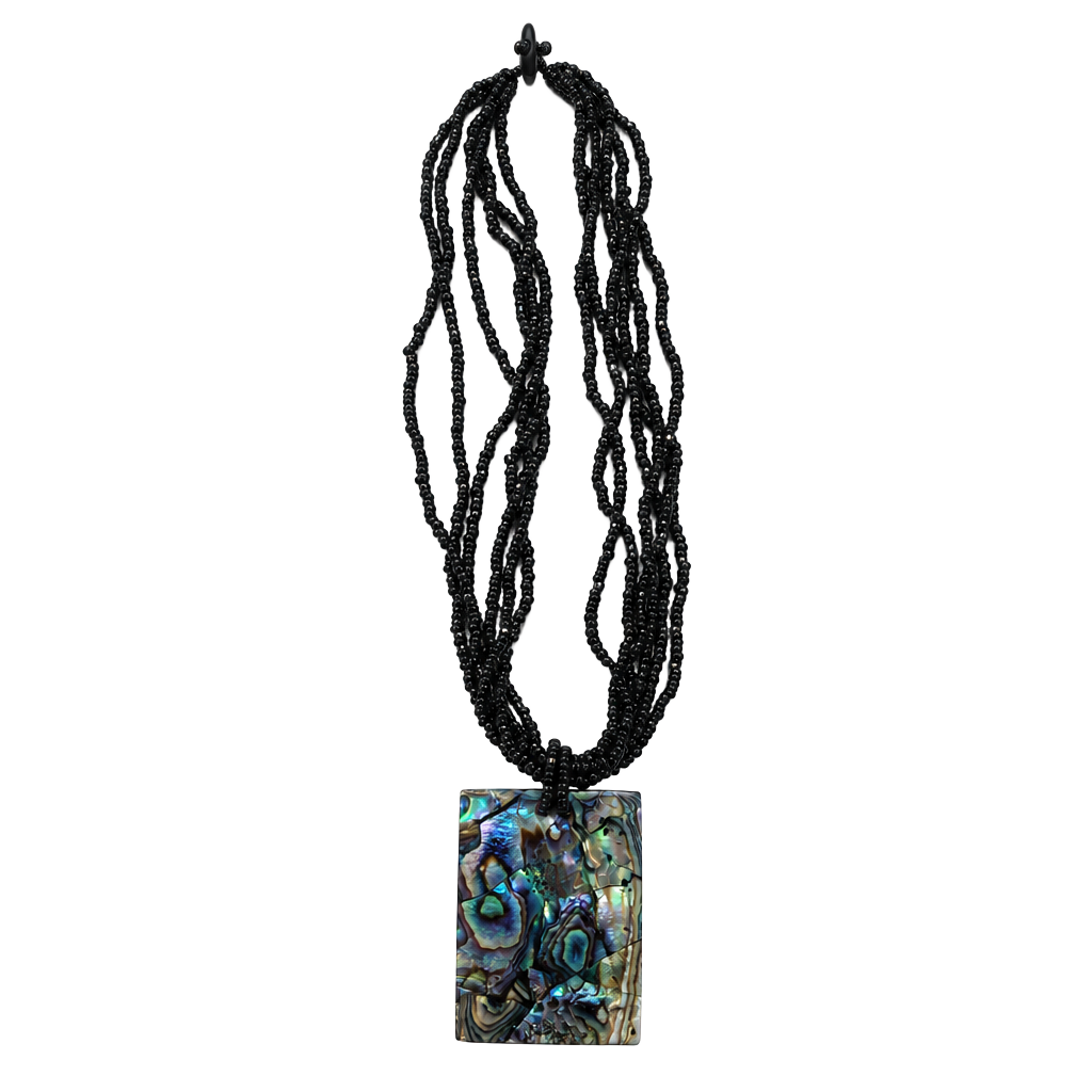 Vintage Abalone Shell Rectangle Pendant Multi-Strand Seed Bead Necklace 1